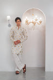 White Embroidered Kurta With Bell Bottom Pajama For Men's