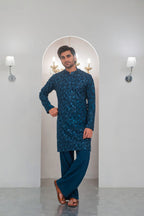 Till Blue Embroidered Kurta With Bell Bottom Pajama For Men's