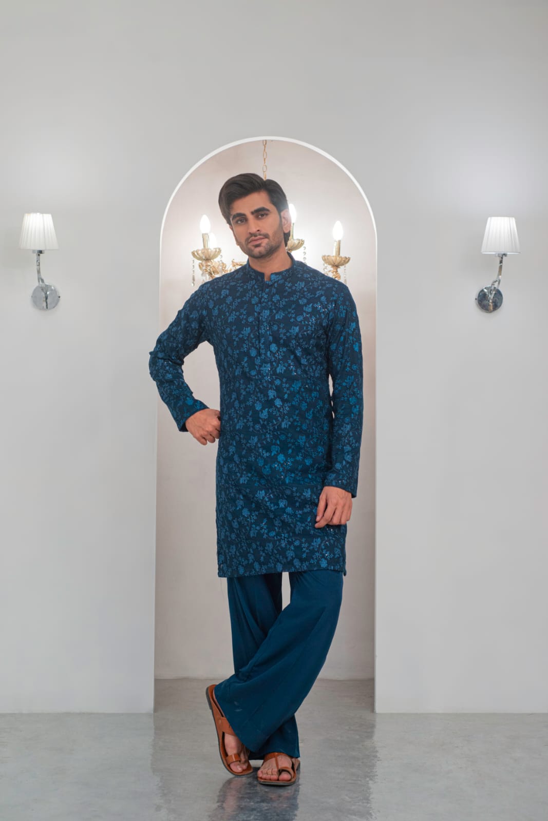 Till Blue Embroidered Kurta With Bell Bottom Pajama For Men's