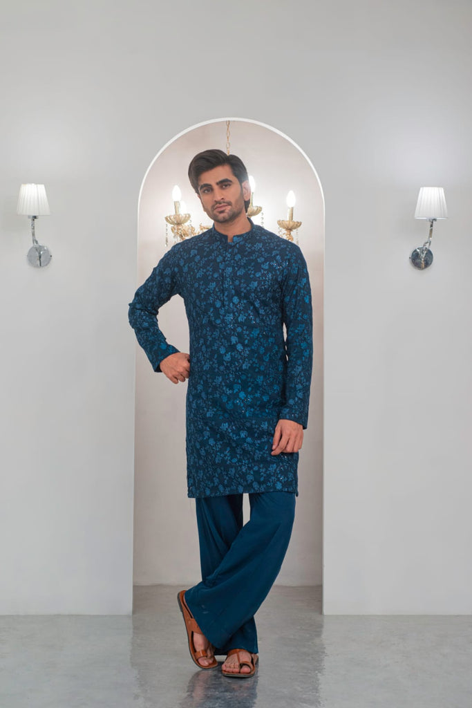 Till Blue Embroidered Kurta With Bell Bottom Pajama For Men's