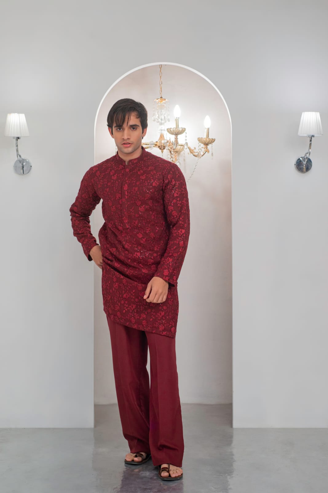 Maroon Embroidered Kurta With Bell Bottom Pajama For Men's