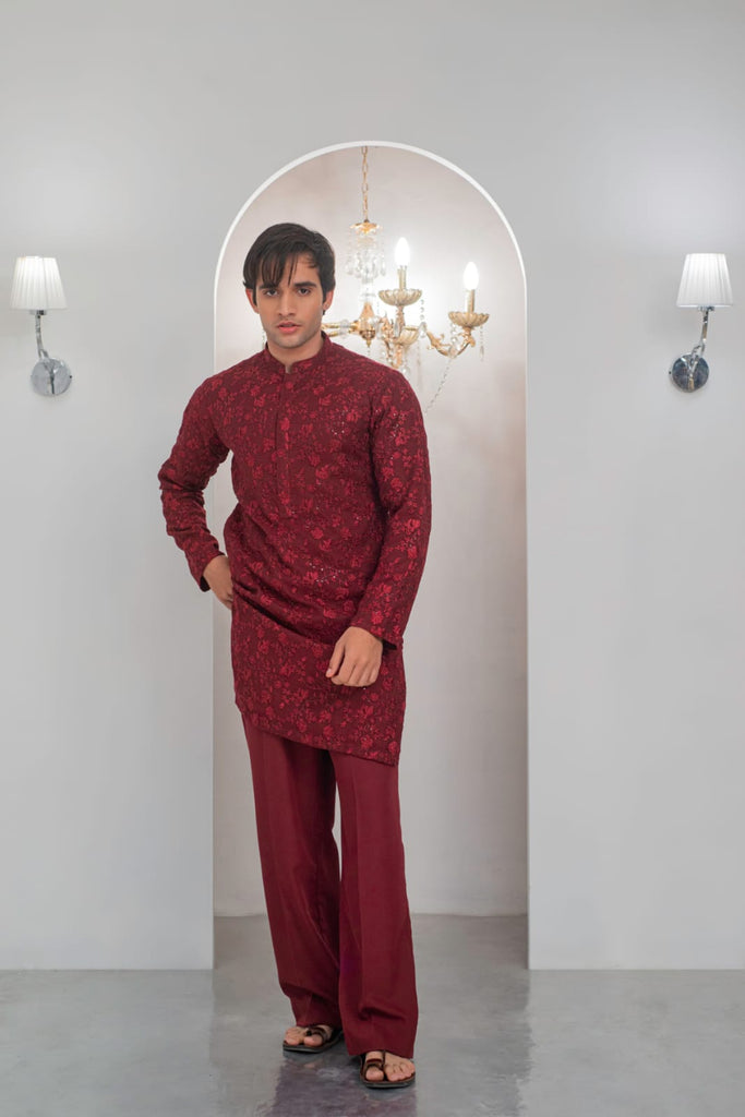 Maroon Embroidered Kurta With Bell Bottom Pajama For Men's