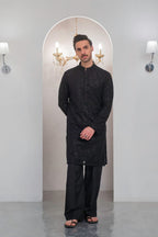 Black Embroidered Kurta With Bell Bottom Pajama For Men's