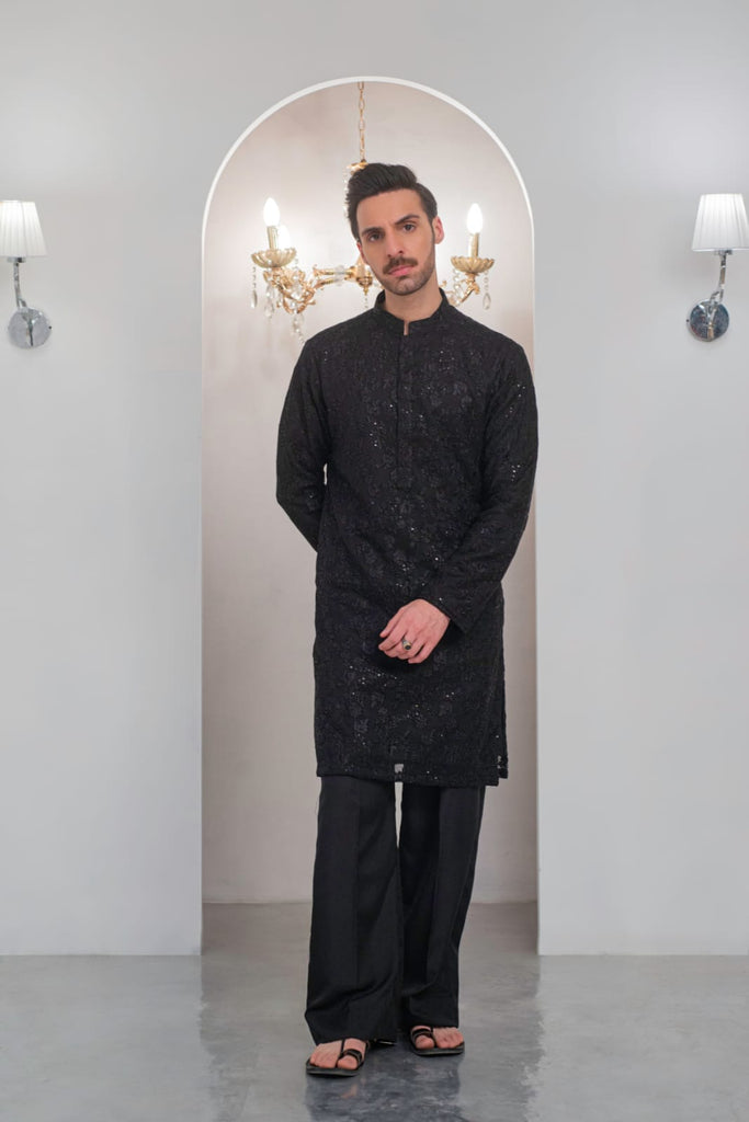 Black Embroidered Kurta With Bell Bottom Pajama For Men's