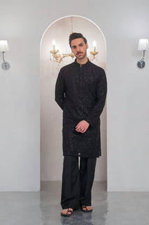 Black Embroidered Kurta With Bell Bottom Pajama For Men's
