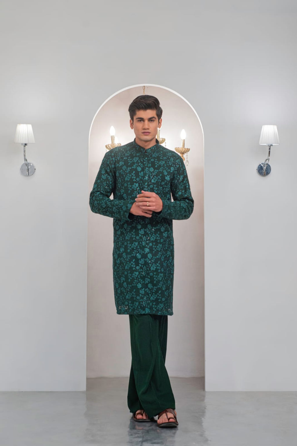 Green Embroidered Kurta With Bell Bottom Pajama For Men's