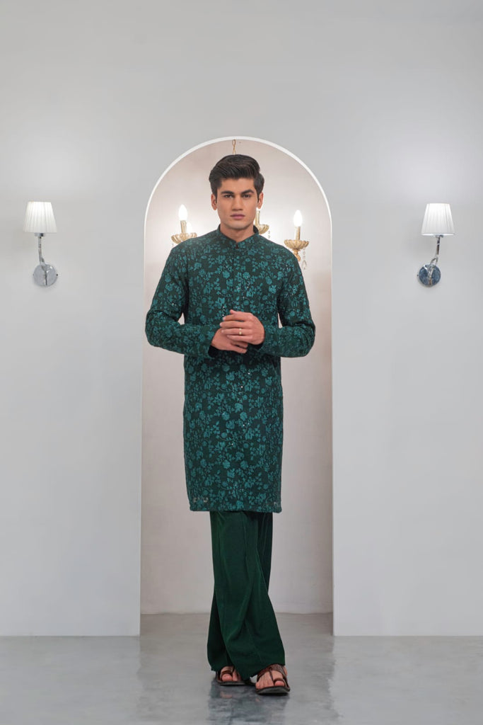 Green Embroidered Kurta With Bell Bottom Pajama For Men's