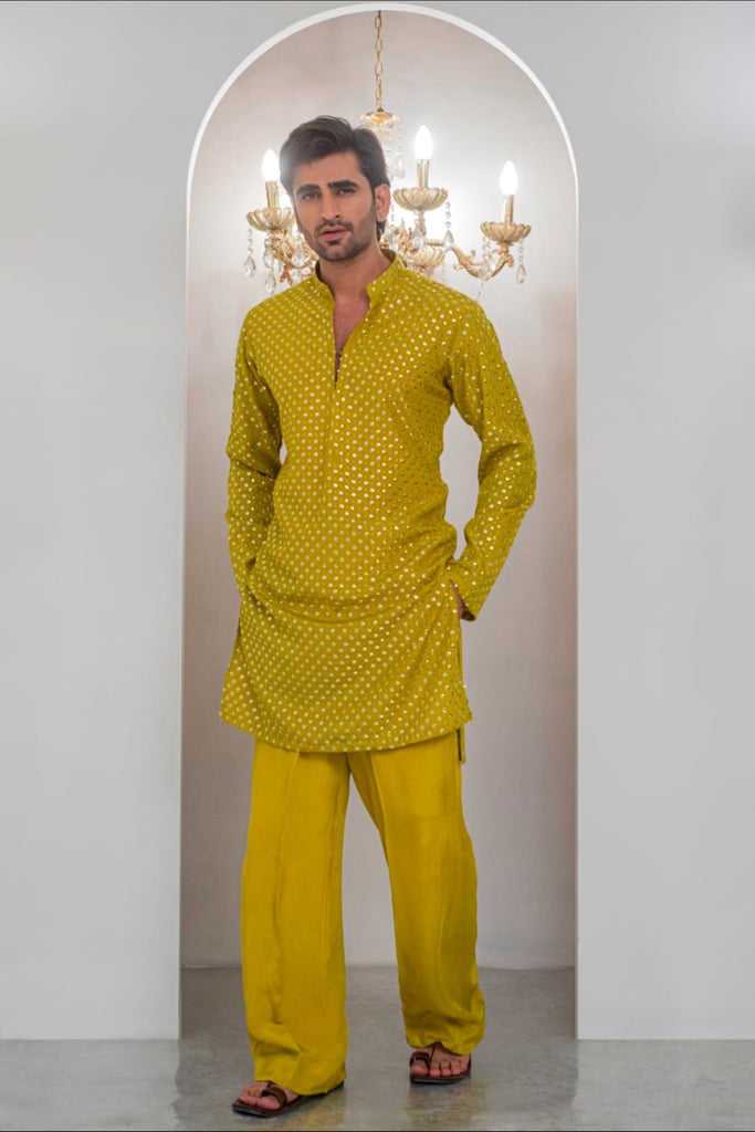 Yellow Mustard Embroidered Kurta With Bell Bottom Pajama For Men's