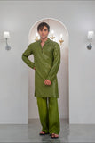 Green Embroidered Kurta With Bell Bottom Pajama For Men's