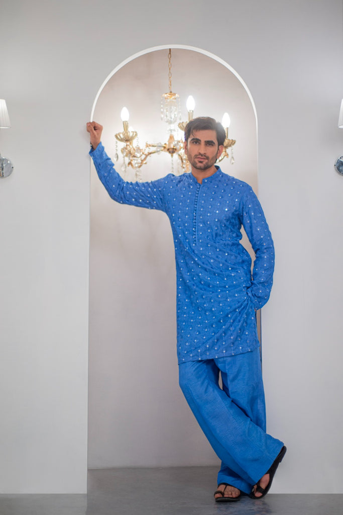 Ink Blue Embroidered Kurta With Bell Bottom Pajama For Men's