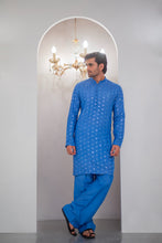 Load image into Gallery viewer, Ink Blue Embroidered Kurta With Bell Bottom Pajama For Men's