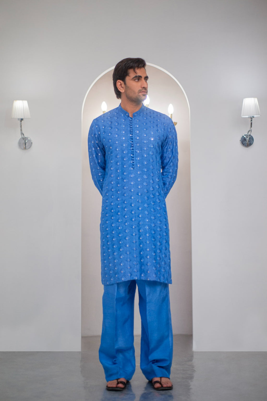 Ink Blue Embroidered Kurta With Bell Bottom Pajama For Men's