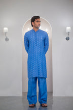Ink Blue Embroidered Kurta With Bell Bottom Pajama For Men's