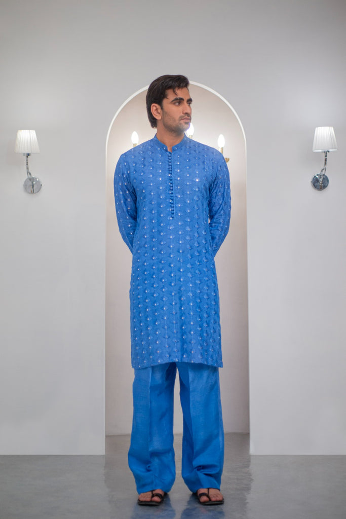 Ink Blue Embroidered Kurta With Bell Bottom Pajama For Men's