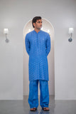 Ink Blue Embroidered Kurta With Bell Bottom Pajama For Men's