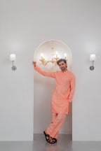 Powder Peach Embroidered Kurta With Bell Bottom Pajama For Men's