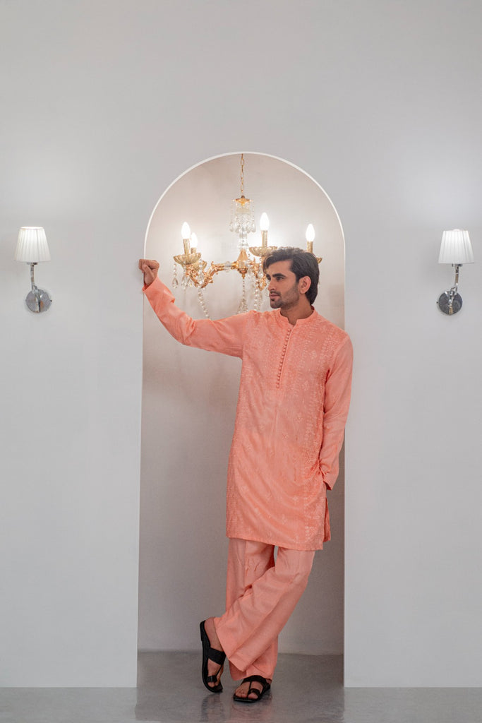 Powder Peach Embroidered Kurta With Bell Bottom Pajama For Men's