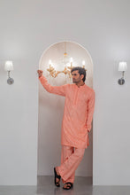 Load image into Gallery viewer, Powder Peach Embroidered Kurta With Bell Bottom Pajama For Men's