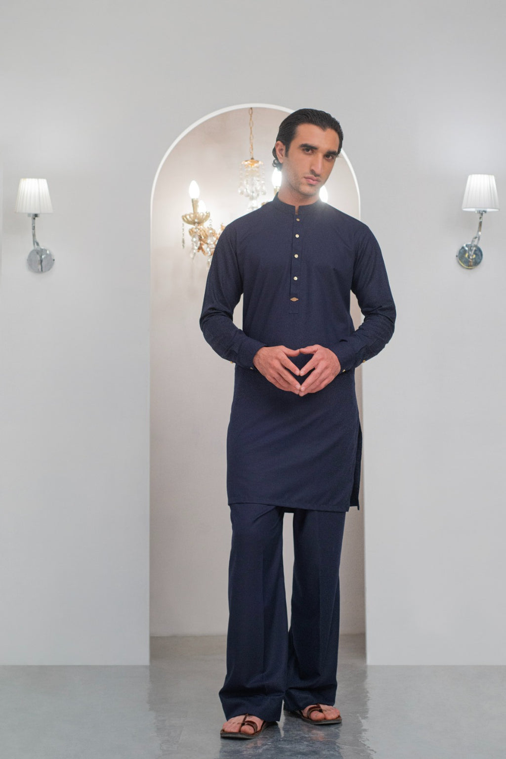 Navy Blue Kurta With Bell Bottom Pajama For Men's