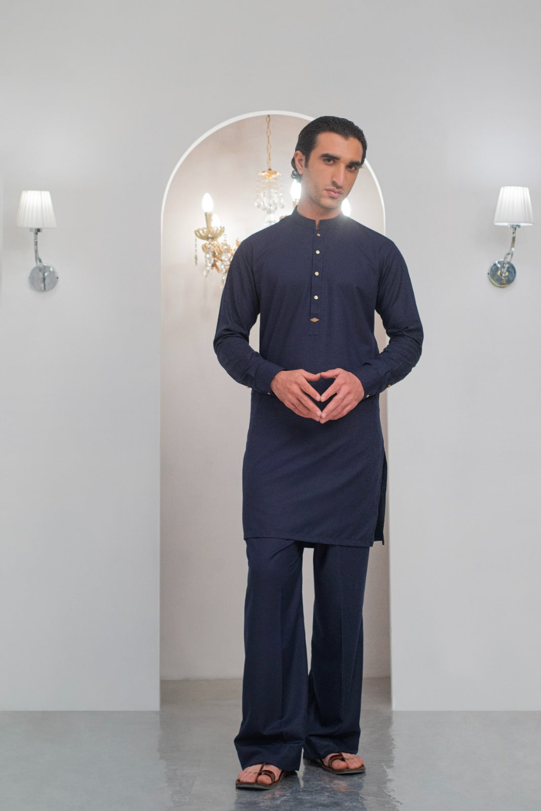 Navy Blue Kurta With Bell Bottom Pajama For Men's
