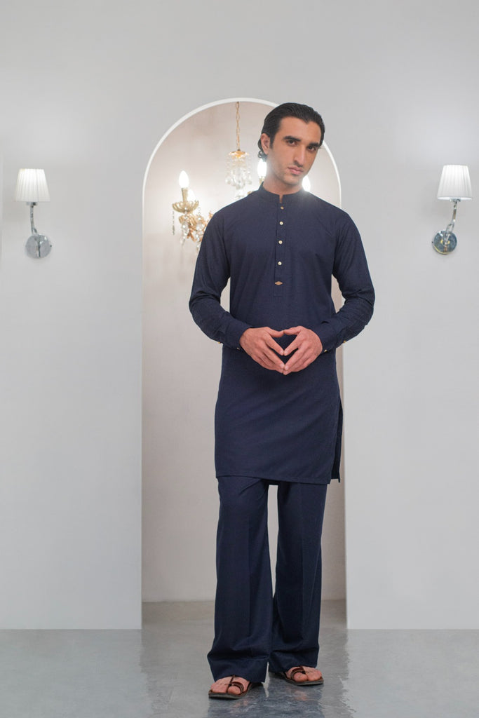 Navy Blue Kurta With Bell Bottom Pajama For Men's
