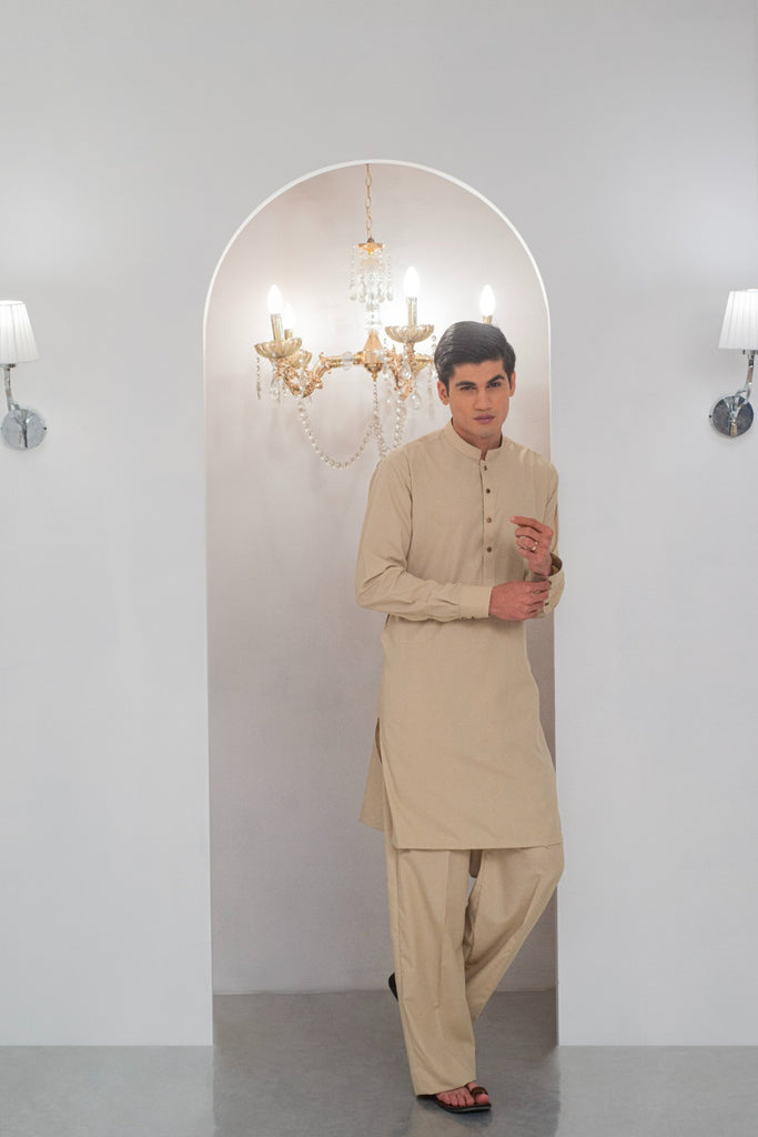 Beige Kurta With Bell Bottom Pajama For Men's