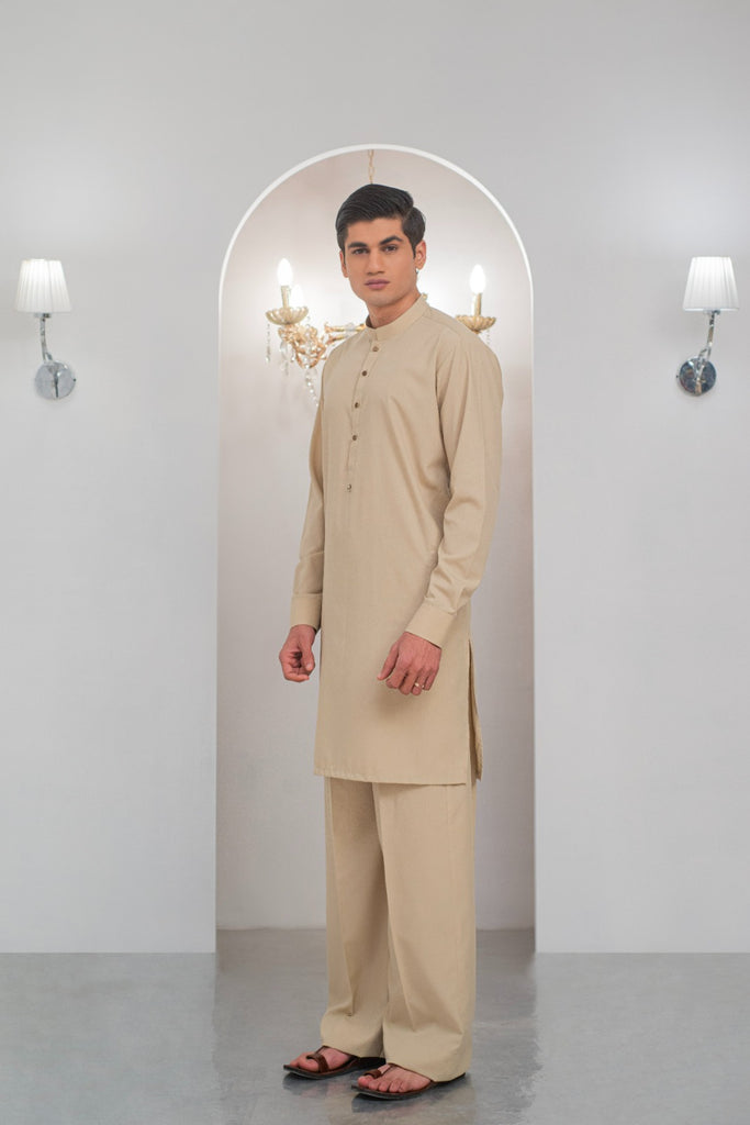 Beige Kurta With Bell Bottom Pajama For Men's