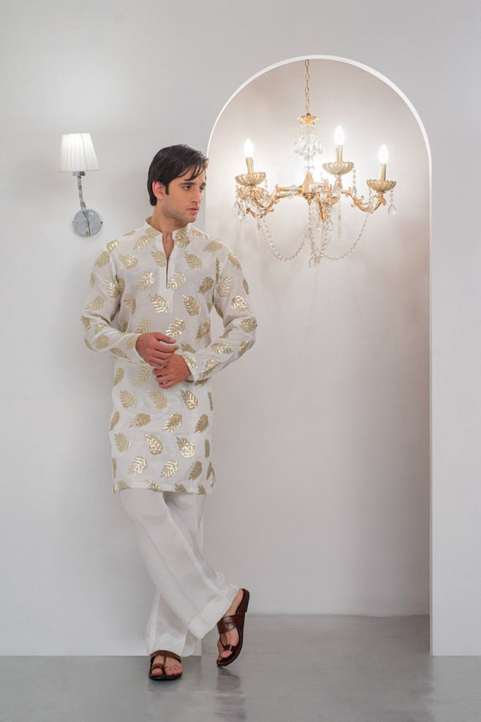 White Embroidered Kurta With Bell Bottom Pajama For Men's