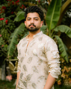 Mate Golden Embroidered Kurta With Bell Bottom Pajama For Men's