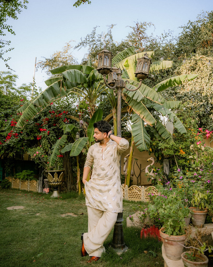 Mate Golden Embroidered Kurta With Bell Bottom Pajama For Men's