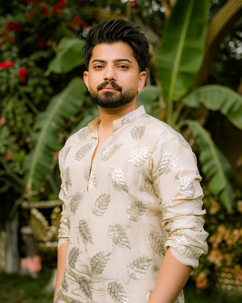 Mate Golden Embroidered Kurta With Bell Bottom Pajama For Men's