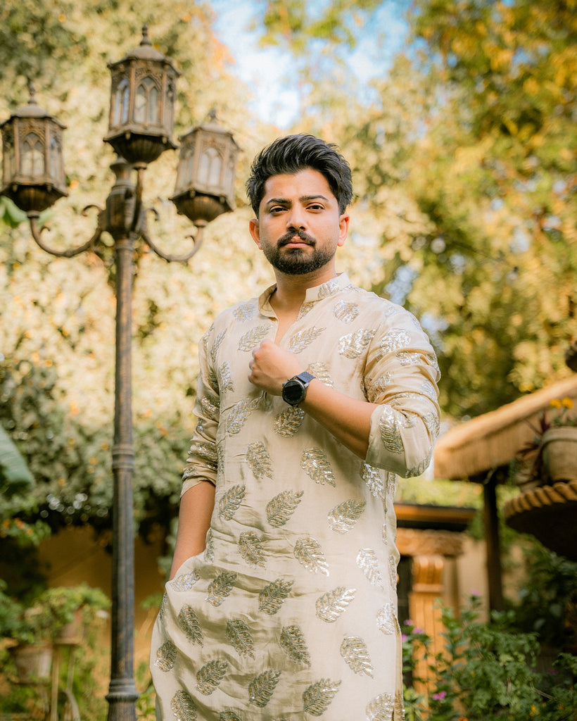 Mate Golden Embroidered Kurta With Bell Bottom Pajama For Men's