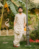 Mate Golden Embroidered Kurta With Bell Bottom Pajama For Men's