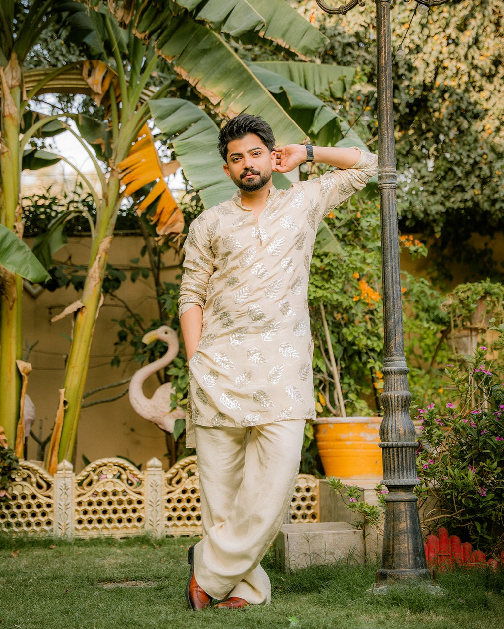 Mate Golden Embroidered Kurta With Bell Bottom Pajama For Men's