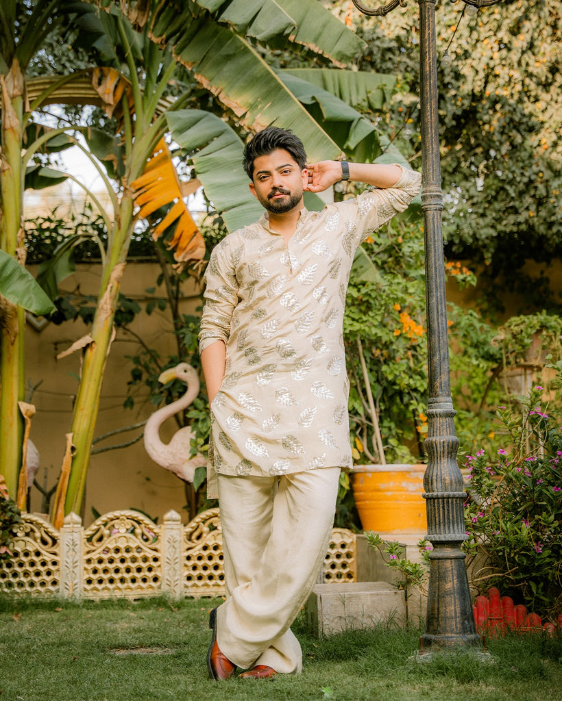 Mate Golden Embroidered Kurta With Bell Bottom Pajama For Men's