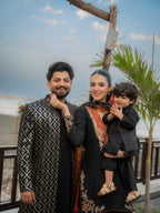 Black Golden Embroidery Long Prince Coat + Black Bell Bottom Kurta Pajama For Men's