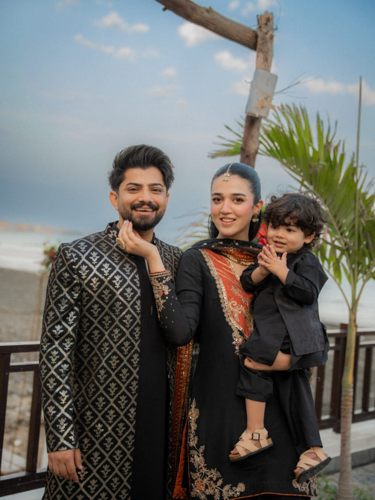 Black Golden Embroidery Long Prince Coat + Black Bell Bottom Kurta Pajama For Men's