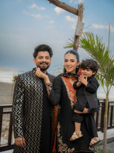 Load image into Gallery viewer, Black Golden Embroidery Long Prince Coat + Black Bell Bottom Kurta Pajama For Men's
