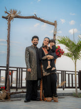 Load image into Gallery viewer, Black Golden Embroidery Long Prince Coat + Black Bell Bottom Kurta Pajama For Men's