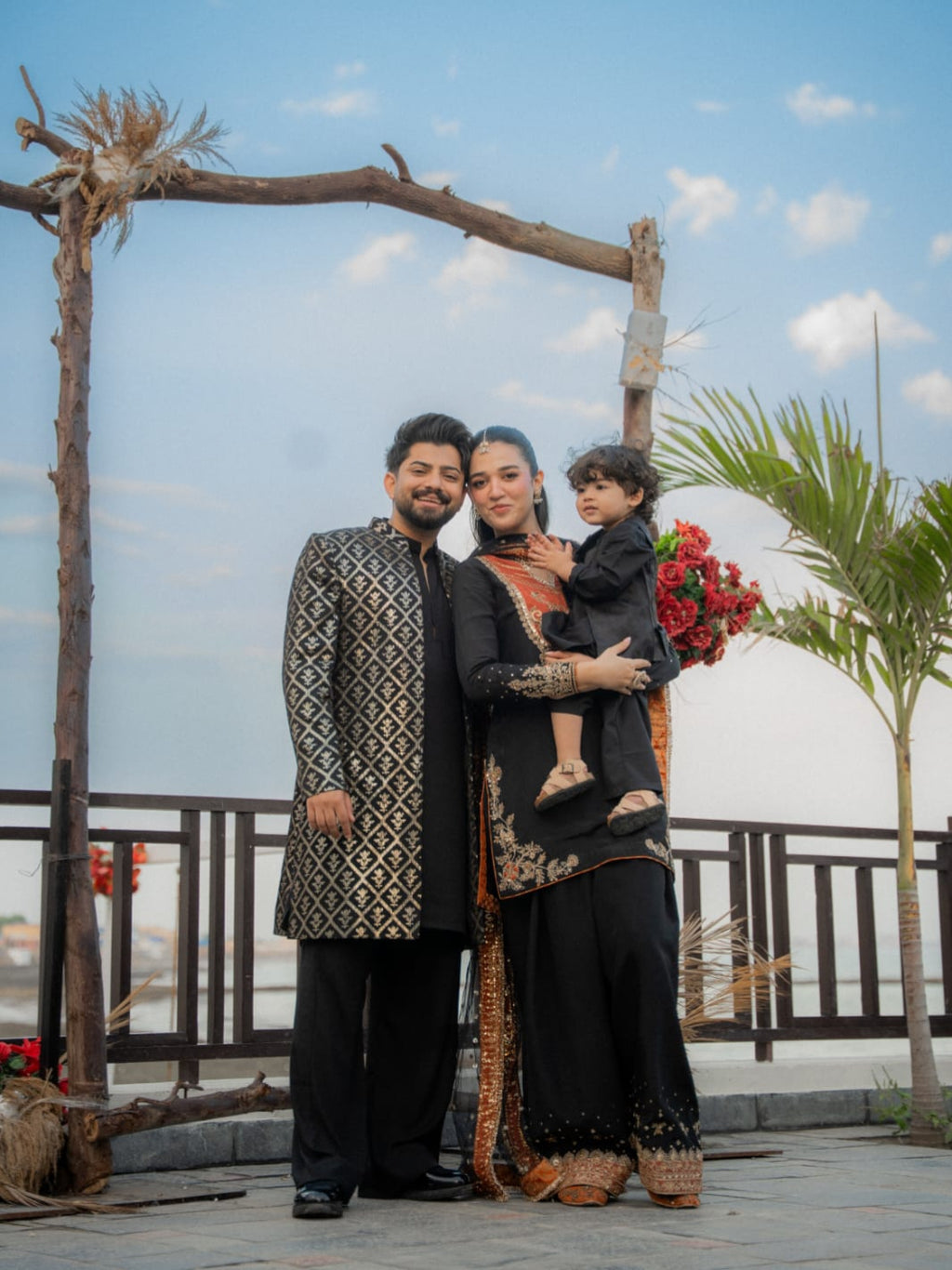 Black Golden Embroidery Long Prince Coat + Black Bell Bottom Kurta Pajama For Men's