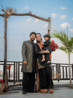 Black Golden Embroidery Long Prince Coat + Black Bell Bottom Kurta Pajama For Men's