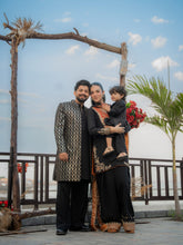 Load image into Gallery viewer, Black Golden Embroidery Long Prince Coat + Black Bell Bottom Kurta Pajama For Men's