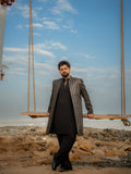 Black Golden Embroidery Long Prince Coat + Black Bell Bottom Kurta Pajama For Men's