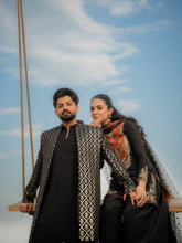 Load image into Gallery viewer, Black Golden Embroidery Long Prince Coat + Black Bell Bottom Kurta Pajama For Men's