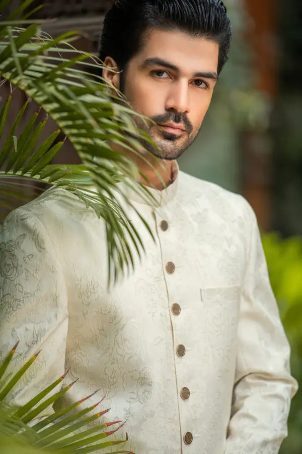 White & Cream Self Sherwani with Bottom