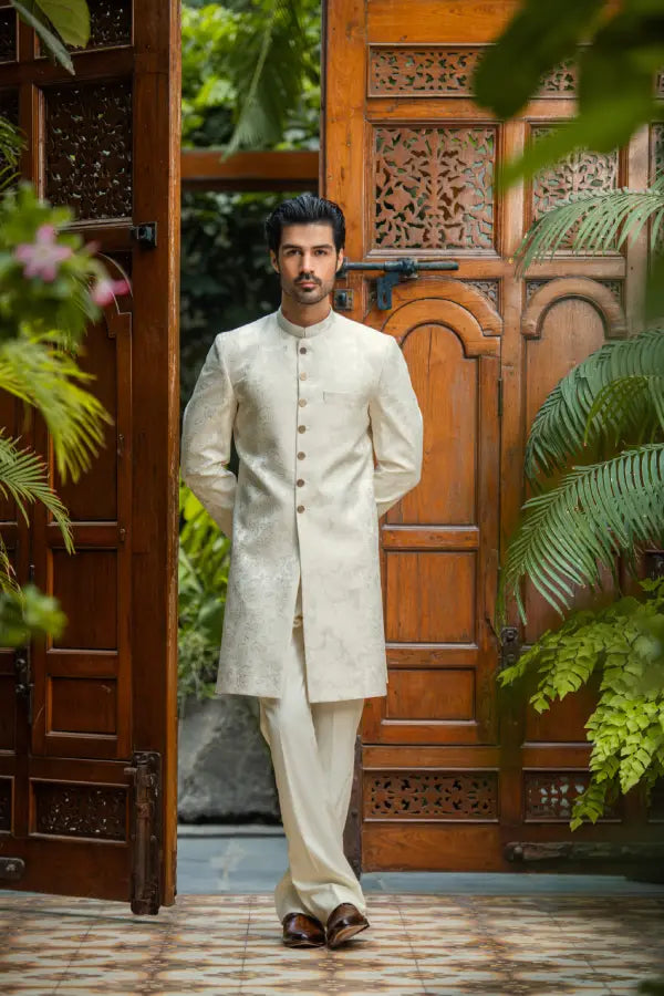 White & Cream Self Sherwani with Bottom