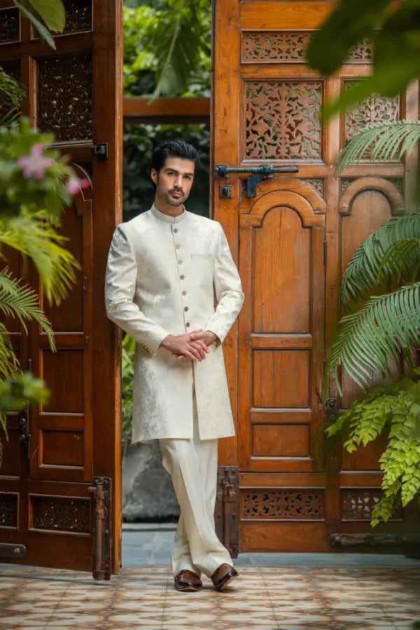 White & Cream Self Sherwani with Bottom