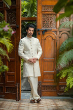 White & Cream Self Sherwani with Bottom