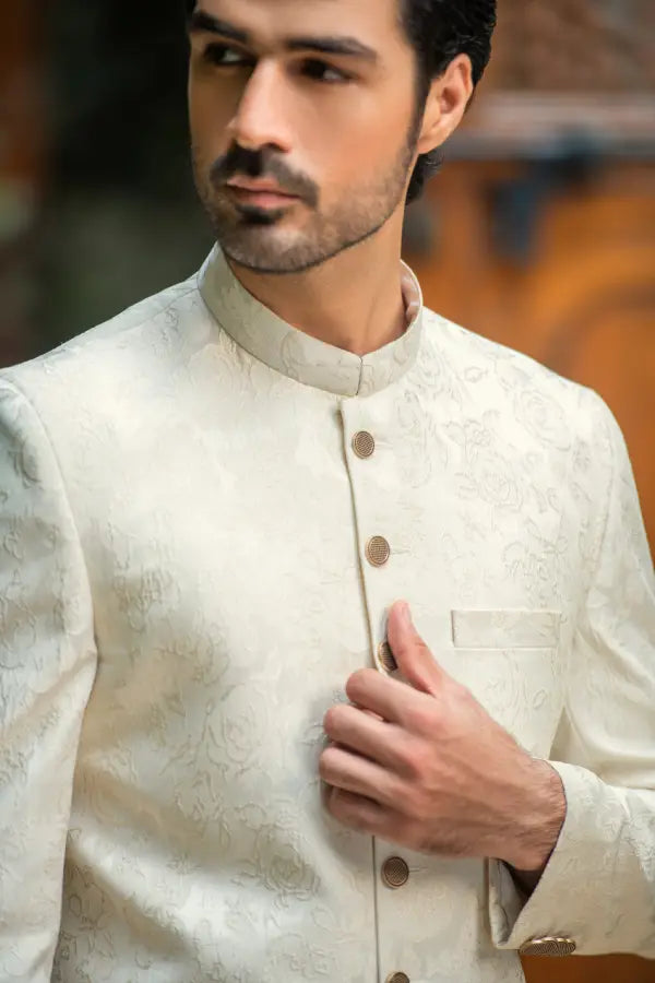 White & Cream Self Sherwani with Bottom