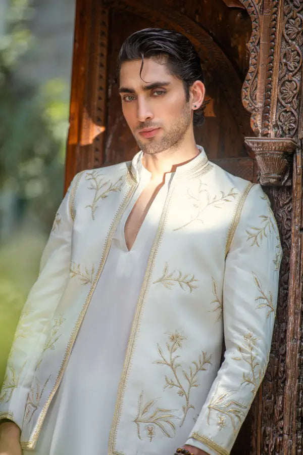 White Handwork Prince Coat with Kurta Pajama